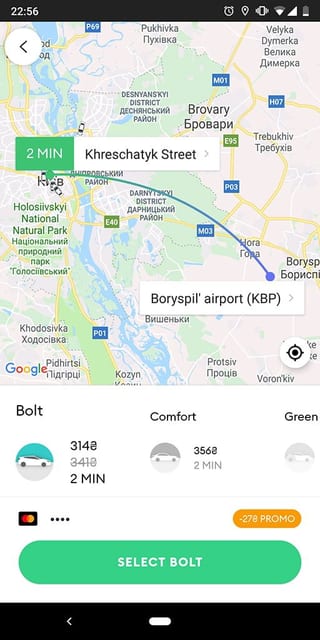 Bolt/Taxify Example to Boryspil